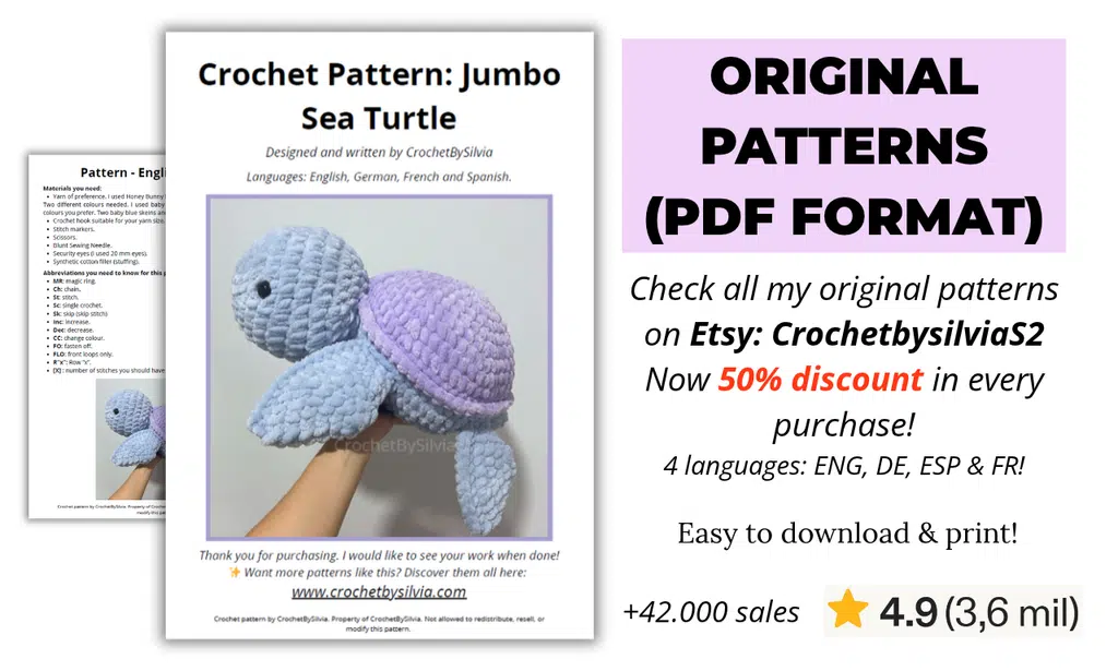 a promotional picture displaying a preview of a jumbo turtle crochet pattern in PDF format