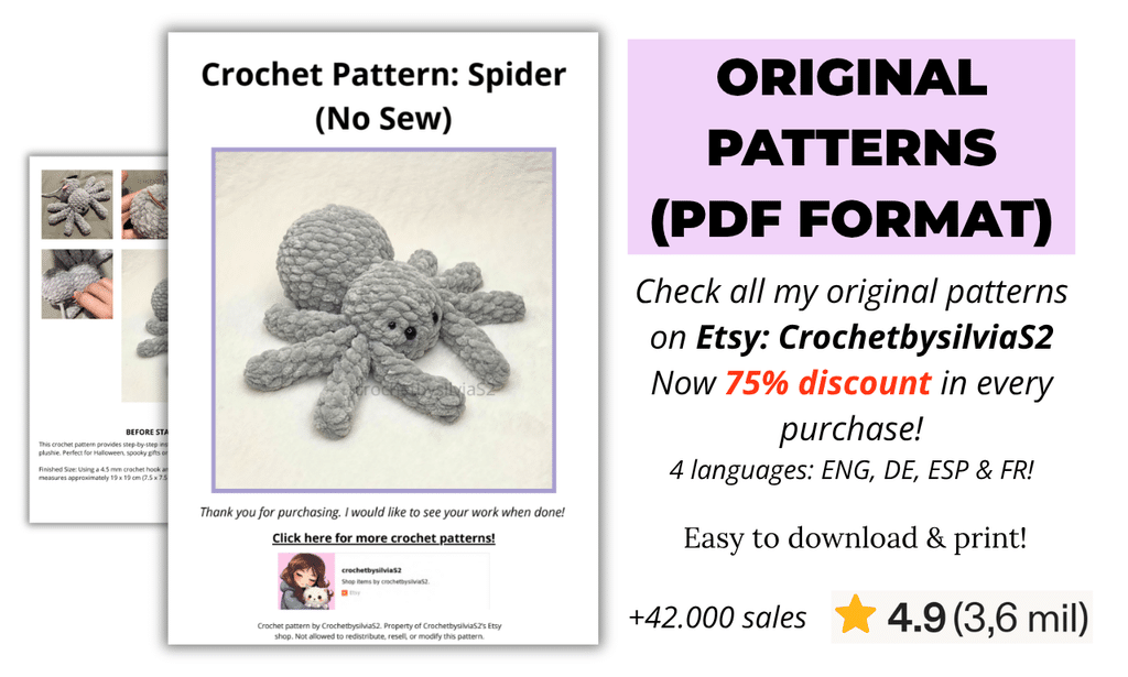 a promotional picture displaying a crochet spider pattern in PDF format available for purchase on etsy shop CrochetbysilviaS2