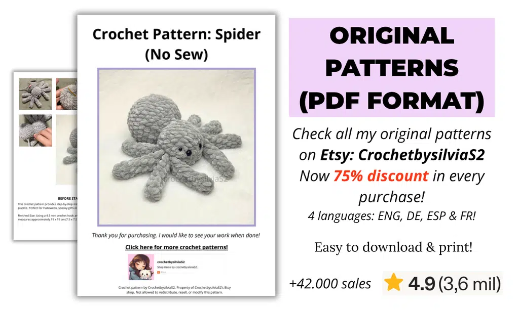 a promotional picture displaying a crochet spider pattern in PDF format available for purchase on etsy shop CrochetbysilviaS2