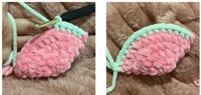 Step-by-step process of crocheting amigurumi pieces using chenille yarn and a crochet hook.