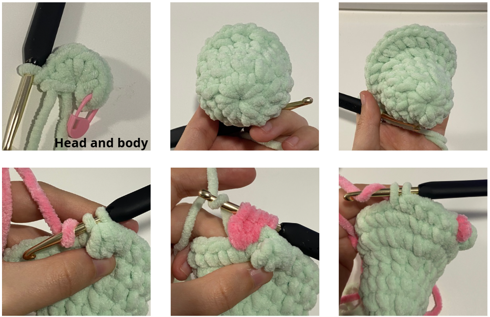 Step-by-step process of crocheting amigurumi pieces using chenille yarn and a crochet hook.