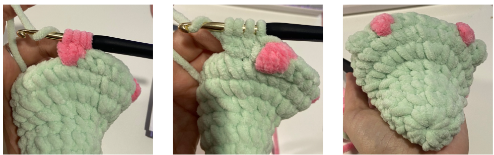 Step-by-step process of crocheting amigurumi pieces using chenille yarn and a crochet hook.