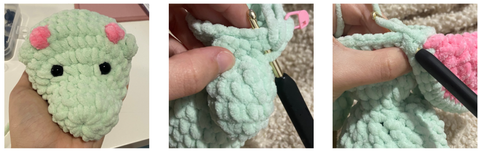 Step-by-step process of crocheting amigurumi pieces using chenille yarn and a crochet hook.