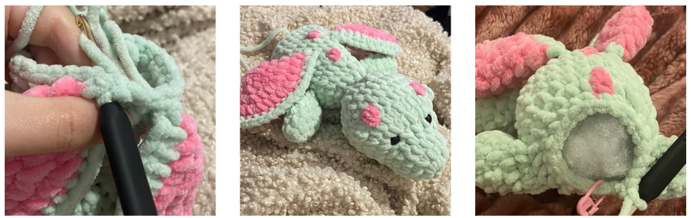 Step-by-step process of crocheting amigurumi pieces using chenille yarn and a crochet hook.