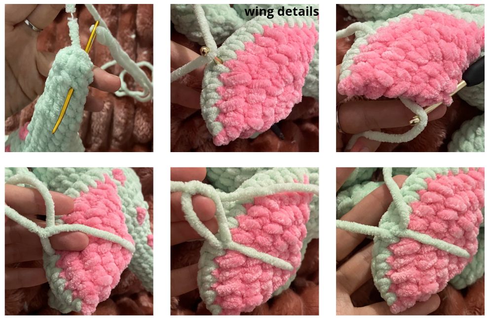 Step-by-step process of crocheting amigurumi pieces using chenille yarn and a crochet hook.