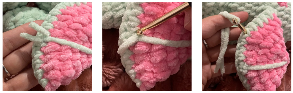 Step-by-step process of crocheting amigurumi pieces using chenille yarn and a crochet hook.