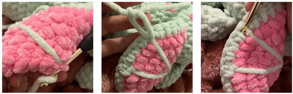 Step-by-step process of crocheting amigurumi pieces using chenille yarn and a crochet hook.