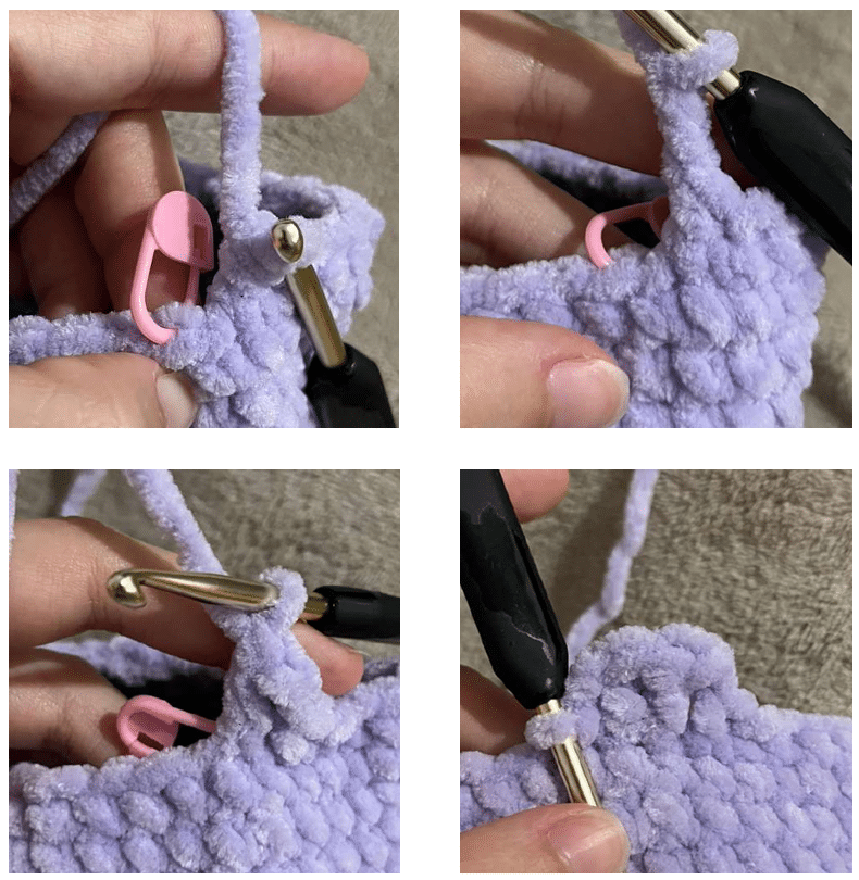 Crochet work-in-progress showing the jellyfish head body with a stitch marker and crochet hook during amigurumi assembly.