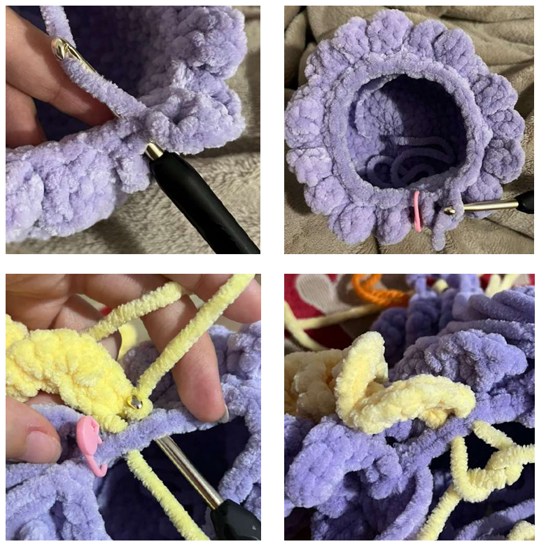 Crochet work-in-progress showing the jellyfish head body with a stitch marker and crochet hook during amigurumi assembly.