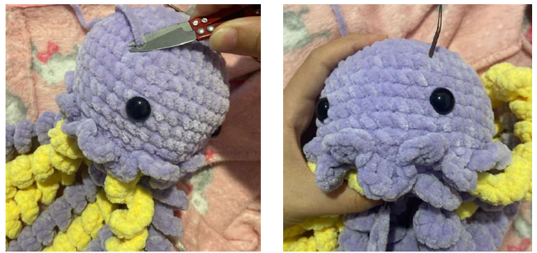 Crochet work-in-progress showing the jellyfish head body with a stitch marker and crochet hook during amigurumi assembly.