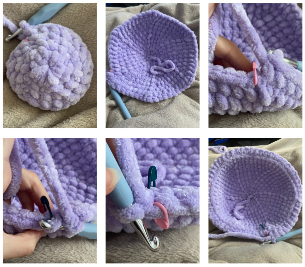 Crochet steps showing the front-loop-only shell construction and fin placement for a jumbo sea turtle amigurumi