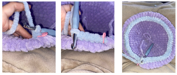 Crochet steps showing the front-loop-only shell construction and fin placement for a jumbo sea turtle amigurumi