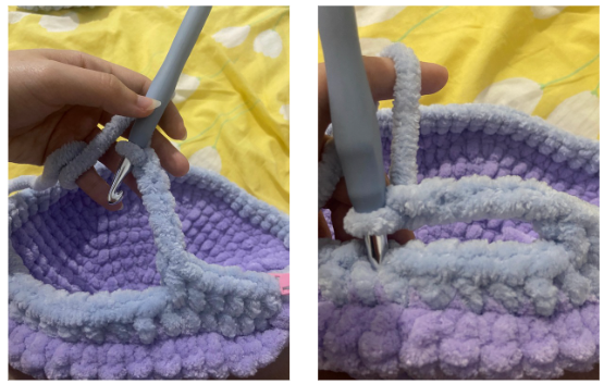 Crochet steps showing the front-loop-only shell construction and fin placement for a jumbo sea turtle amigurumi
