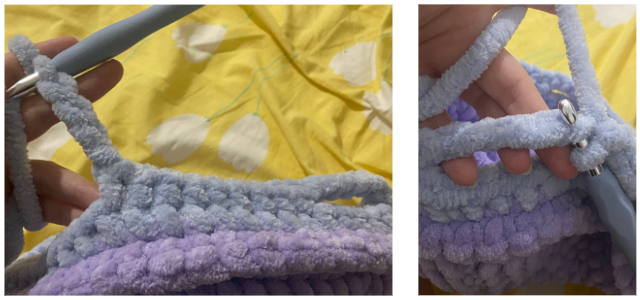 Crochet steps showing the front-loop-only shell construction and fin placement for a jumbo sea turtle amigurumi