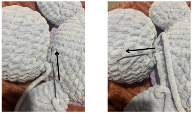 Crochet steps showing the front-loop-only shell construction and fin placement for a jumbo sea turtle amigurumi