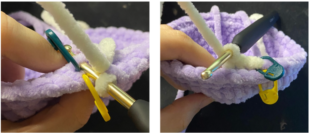 Purple textured amigurumi turtle shell showing the front loops only (FLO) round and openings for the fins.