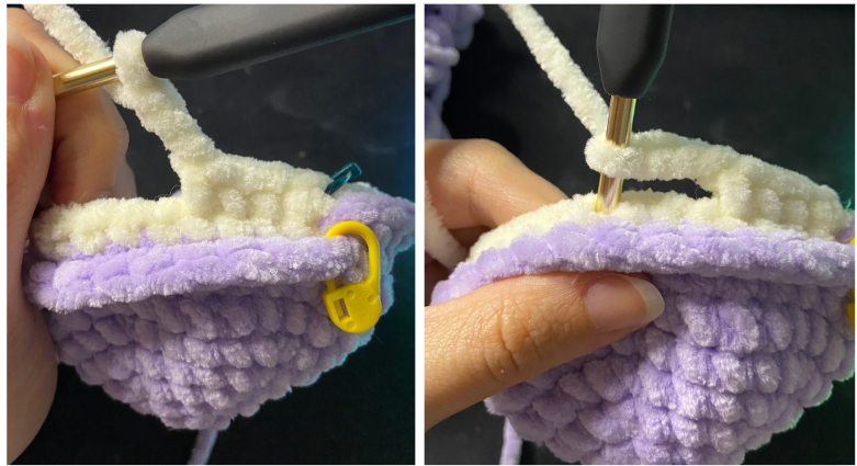 Purple textured amigurumi turtle shell showing the front loops only (FLO) round and openings for the fins.