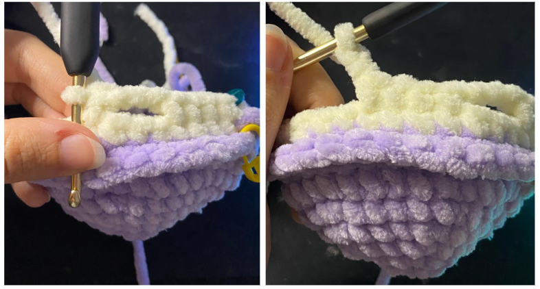 Purple textured amigurumi turtle shell showing the front loops only (FLO) round and openings for the fins.