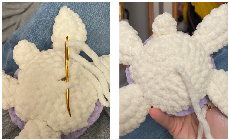 Purple textured amigurumi turtle shell showing the front loops only (FLO) round and openings for the fins.