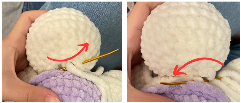 Purple textured amigurumi turtle shell showing the front loops only (FLO) round and openings for the fins.