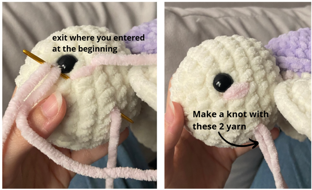 Close-up of crochet turtle head with safety eyes inserted between rounds and fiberfill stuffing visible.