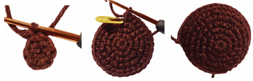 Crochet work in progress showing the round dark brown textured center of the sunflower created using single crochet stitches.