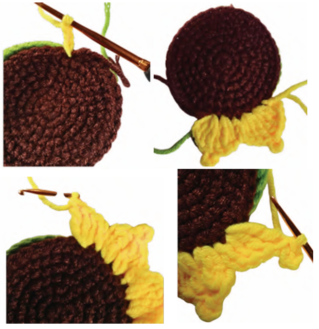 Attaching vibrant yellow yarn and forming petal loops around the edge of the dark brown sunflower center.