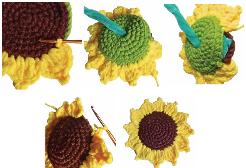 Attaching vibrant yellow yarn and forming petal loops around the edge of the dark brown sunflower center.