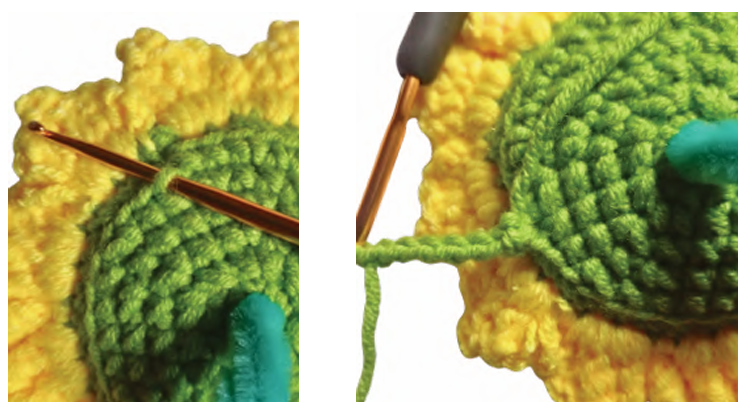 green crochet base of the sunflower in progress.