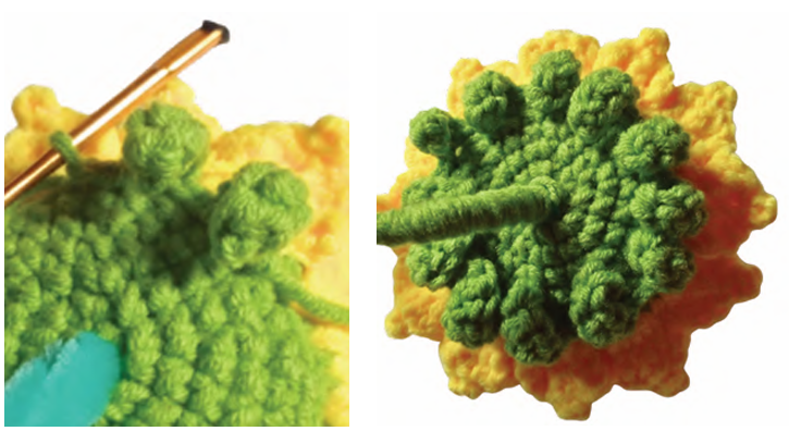 Green crochet base and sepals circle matching the size of the sunflower center.