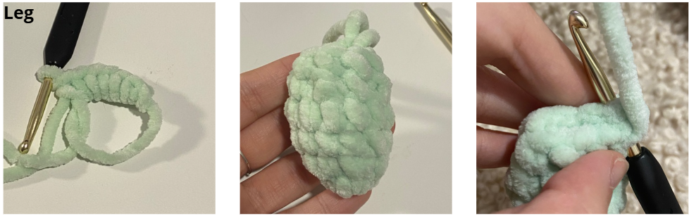 Step-by-step process of crocheting amigurumi pieces using chenille yarn and a crochet hook.