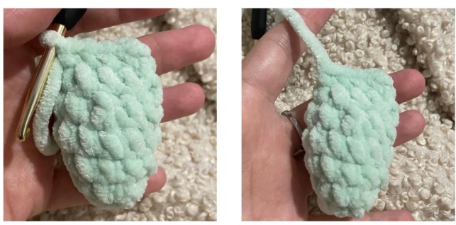 Step-by-step process of crocheting amigurumi pieces using chenille yarn and a crochet hook.