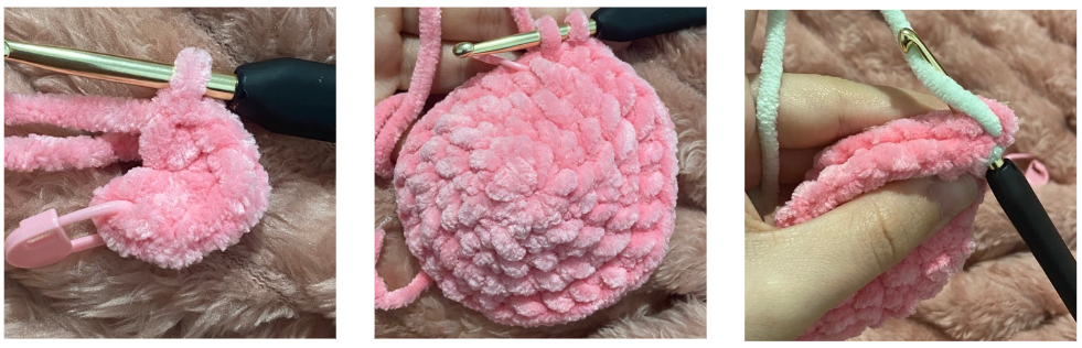 Step-by-step process of crocheting amigurumi pieces using chenille yarn and a crochet hook.