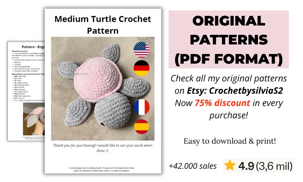 a picture displaying an example of a PDF of one of my crochet patterns, available on my Etsy store. The picture displays a text promoting the etsy shop CrochetbysilviaS2 and the nice reviews