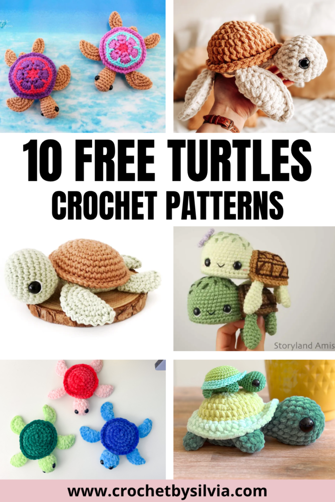 Pinterest pin graphic collage showing six different finished crochet turtle plushies, with large text in the center reading '10 FREE TURTLES CROCHET PATTERNS'. The background is white and a small URL 'www.crochetbysilvia.com' is at the bottom.