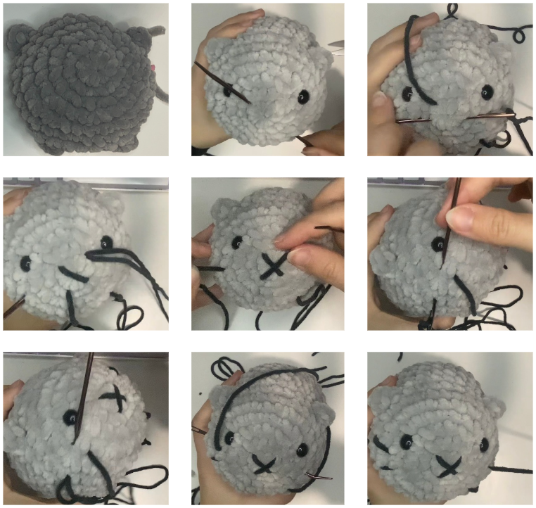 Step-by-step assembly and stitching guide for the low sew loaf cat crochet pattern