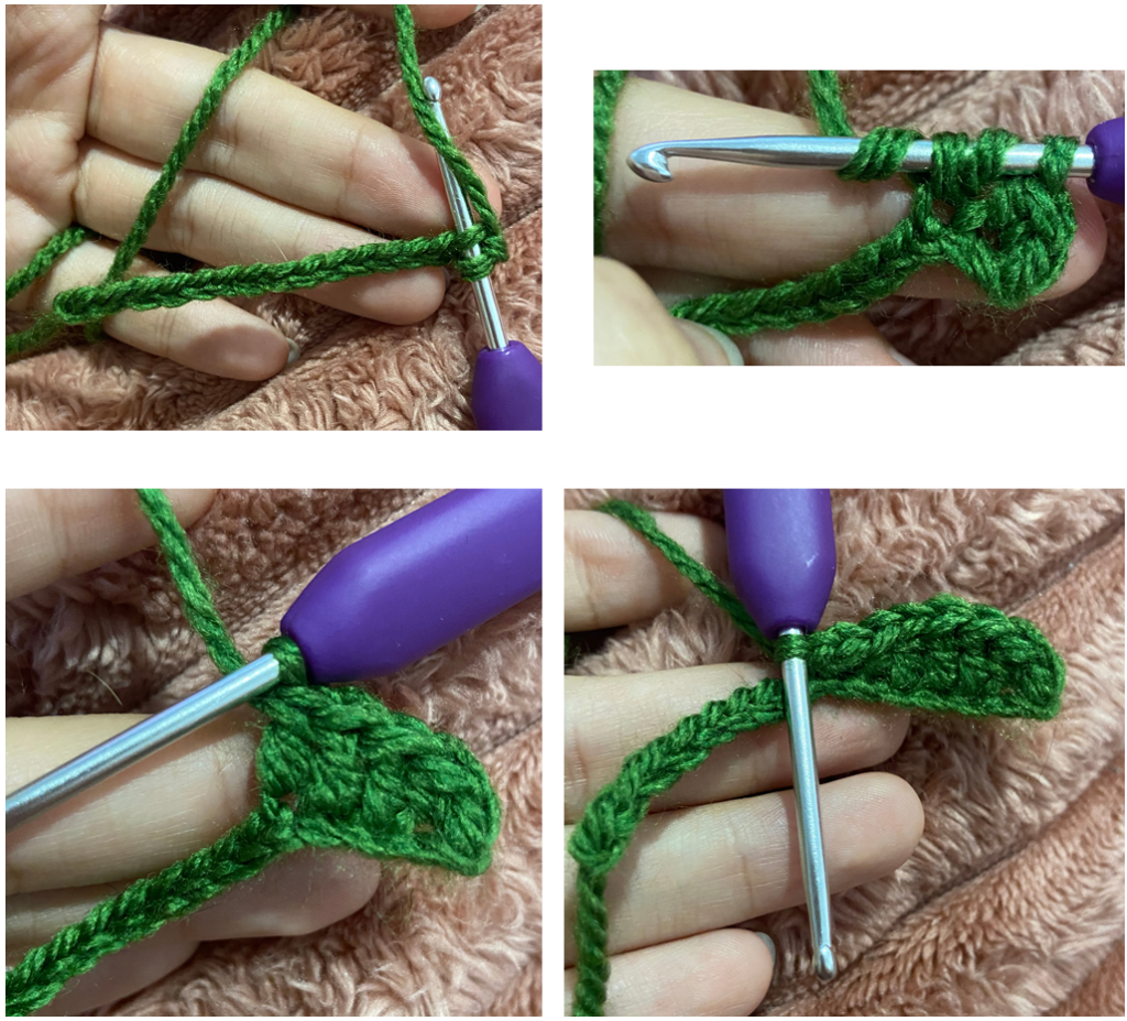 Crocheting green leaves and vine details for the amigurumi pumpkin car accessory.