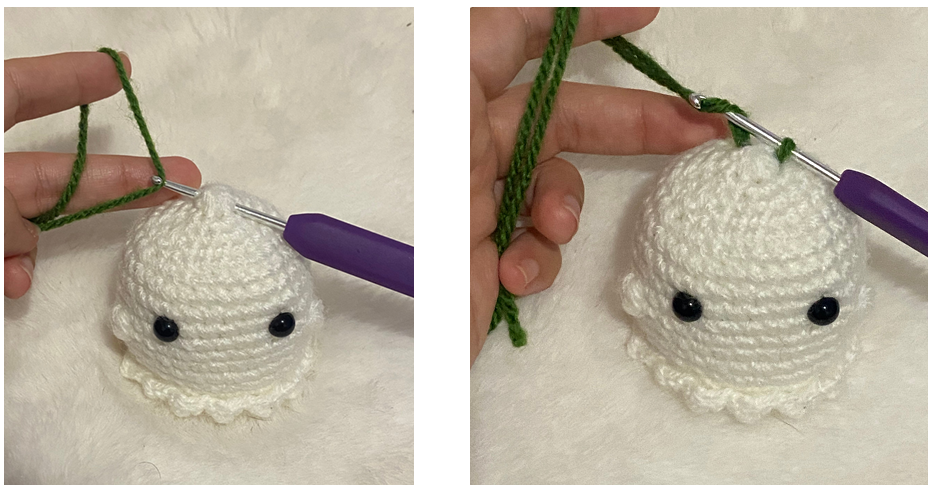 Assembling the crochet car hanger cord and joining the pumpkin and ghost charms.