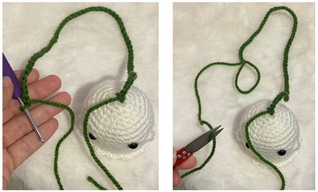 Assembling the crochet car hanger cord and joining the pumpkin and ghost charms.