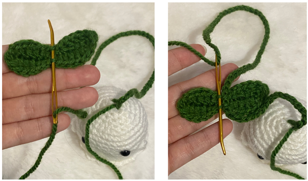 Assembling the crochet car hanger cord and joining the pumpkin and ghost charms.