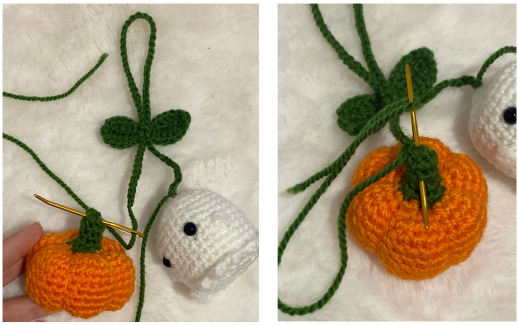 Assembling the crochet car hanger cord and joining the pumpkin and ghost charms.