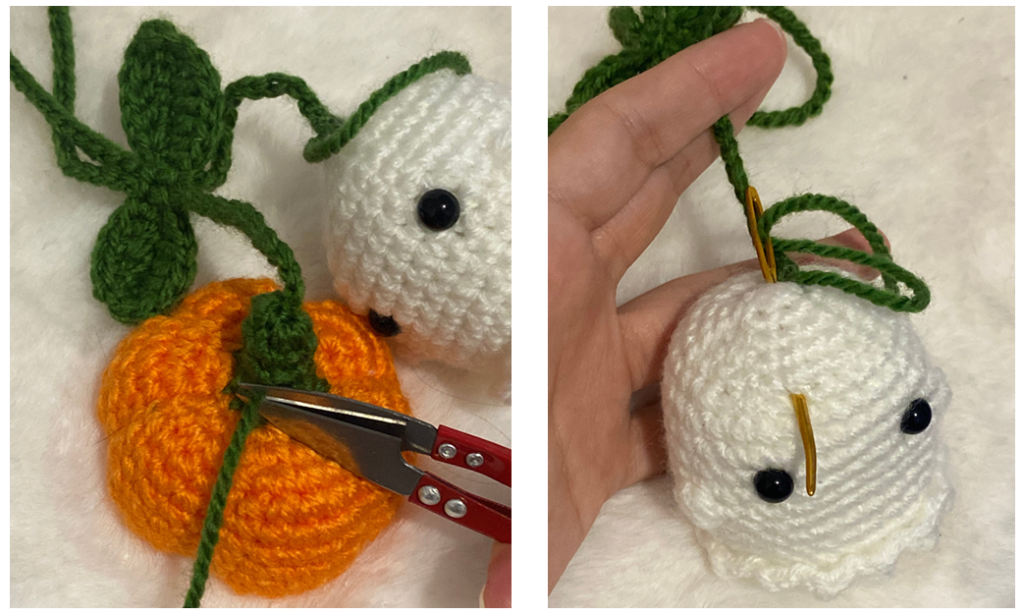 Assembling the crochet car hanger cord and joining the pumpkin and ghost charms.