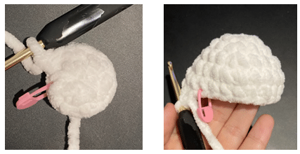 Step-by-step crochet photo tutorial demonstrating single crochet stitches for the no-sew little ghost pattern.