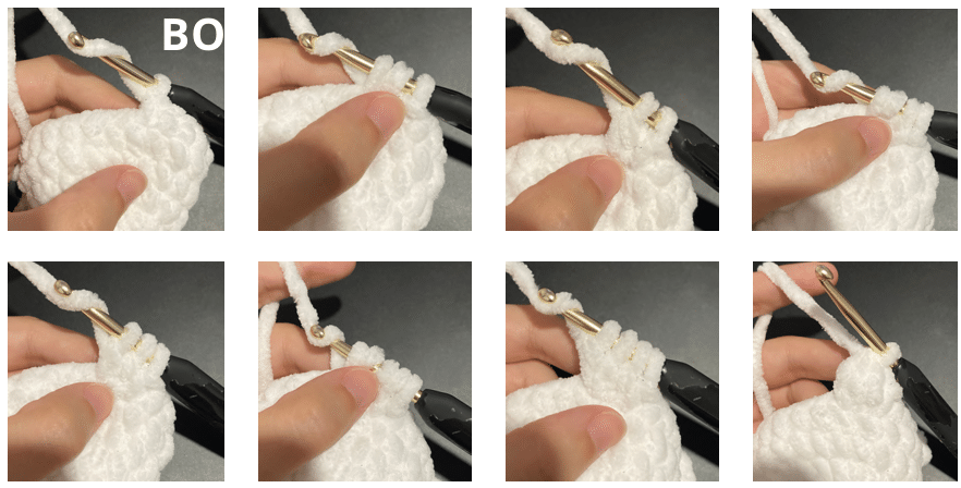 Step-by-step crochet photo tutorial demonstrating single crochet stitches for the no-sew little ghost pattern.