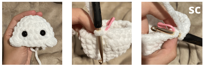 Step-by-step crochet photo tutorial demonstrating single crochet stitches for the no-sew little ghost pattern.