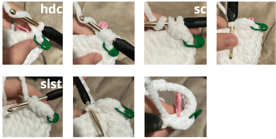 Close-up of crocheting the ruffled bottom base of the amigurumi ghost using front loops only.