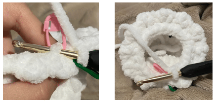 Close-up of crocheting the ruffled bottom base of the amigurumi ghost using front loops only.