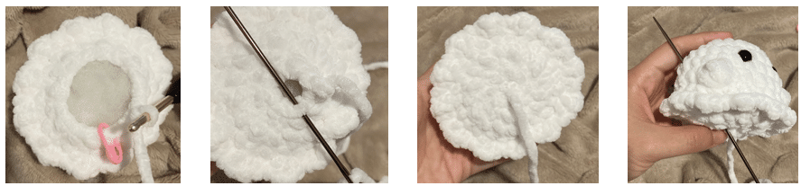 Step-by-step crochet photo tutorial demonstrating single crochet stitches for the no-sew little ghost pattern.