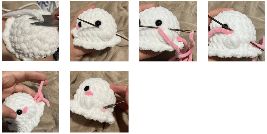 Step-by-step crochet photo tutorial demonstrating single crochet stitches for the no-sew little ghost pattern.