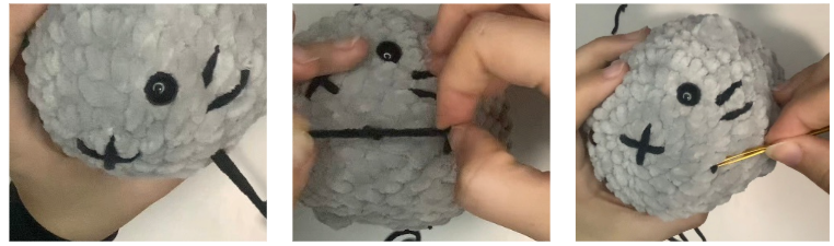Step-by-step assembly and stitching guide for the low sew loaf cat crochet pattern